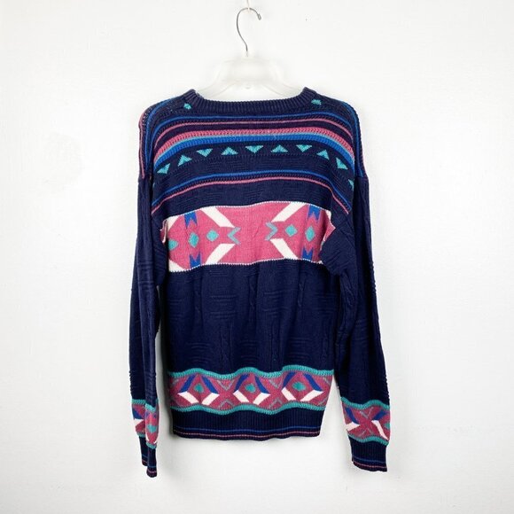 🦋 VINTAGE Tribal Navy Blue Aztec Sweater Medium Casual Fall Holiday Boho Indie - Picture 2 of 3